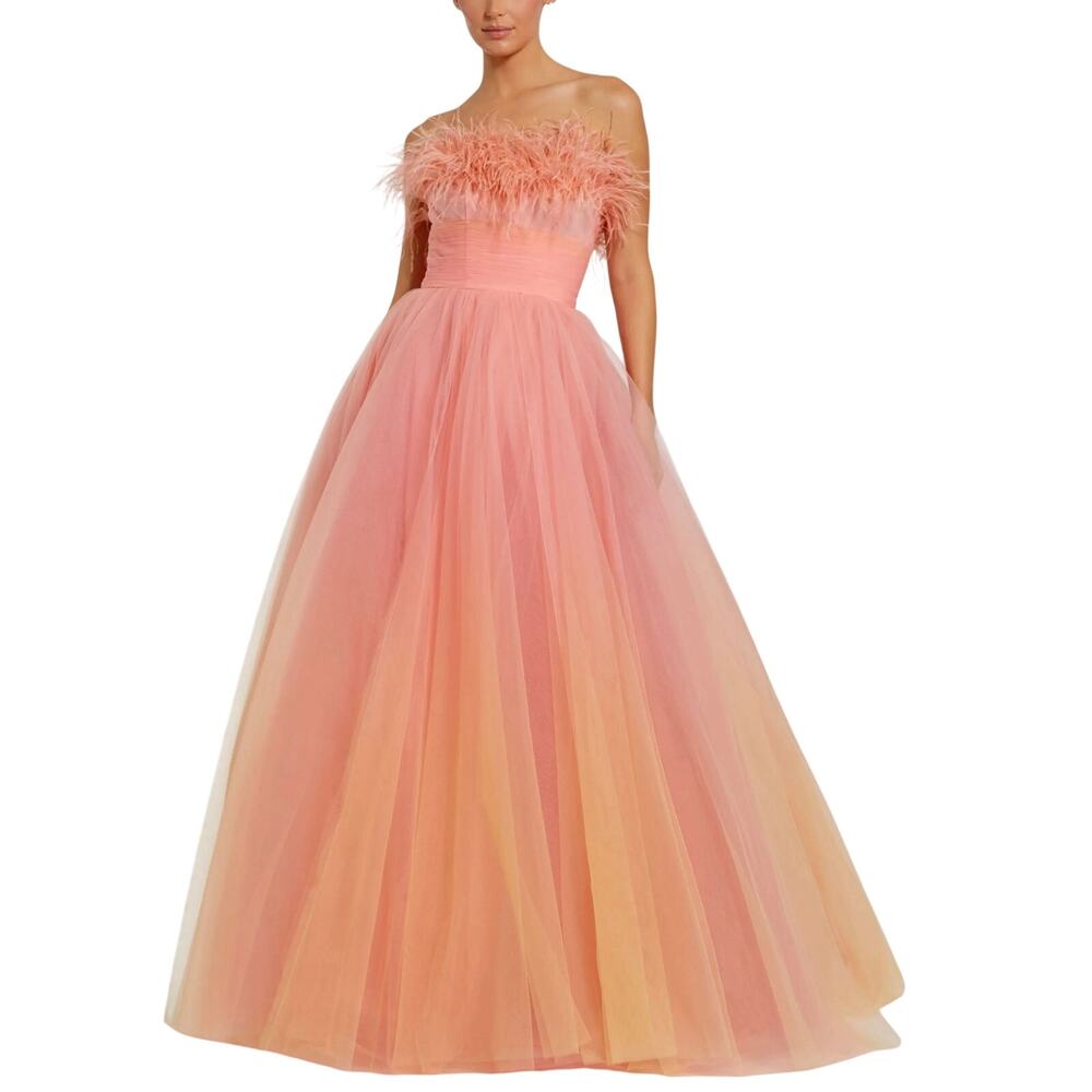 Mac Duggal 20557 Pink/Yellow Ball Gown Strapless Feathered Tulle Dress Size 6